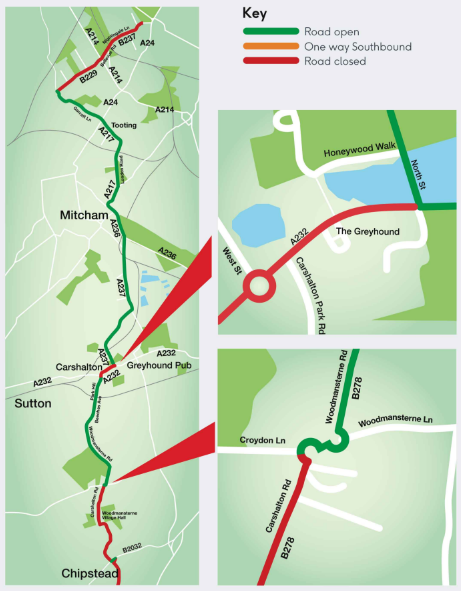 Road closures in Sutton due to London to Brighton bike ride